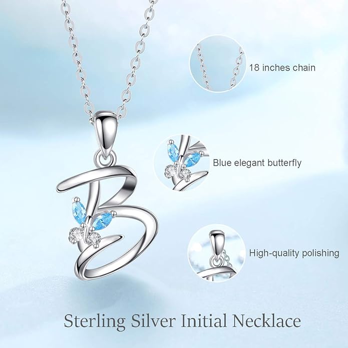 EUDORA Sterling Silver Butterfly Initial Necklaces for Women, Elegant Letter Neckles Personalized Gift for Mother, Sister, Daughter, 18 inch Chai