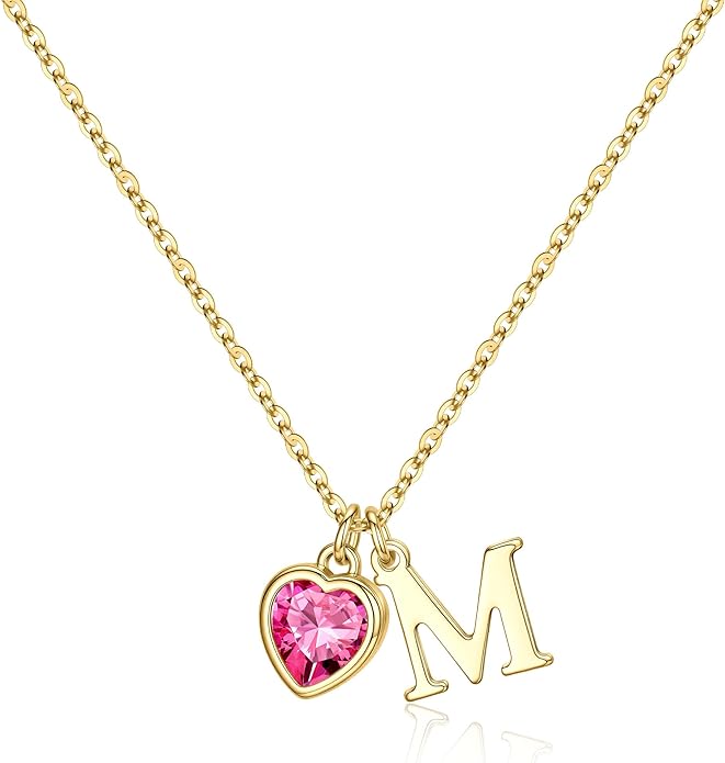 Turandoss Valentines Day Gifts for Her Trendy, Dainty 14K Gold Plated Initial A-Z Heart Birthstone Pendant Necklace Personalized Bridesmaid Birthday Valentines Jewelry Gifts for Women Girls