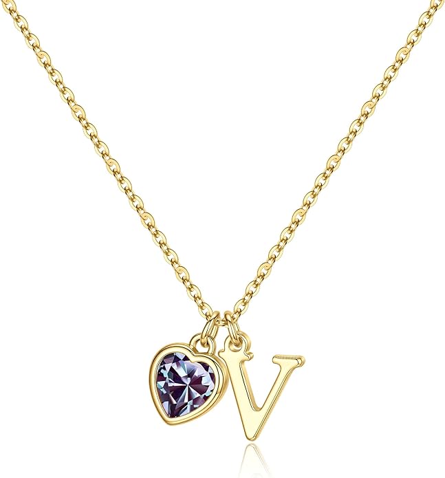 Turandoss Valentines Day Gifts for Her Trendy, Dainty 14K Gold Plated Initial A-Z Heart Birthstone Pendant Necklace Personalized Bridesmaid Birthday Valentines Jewelry Gifts for Women Girls