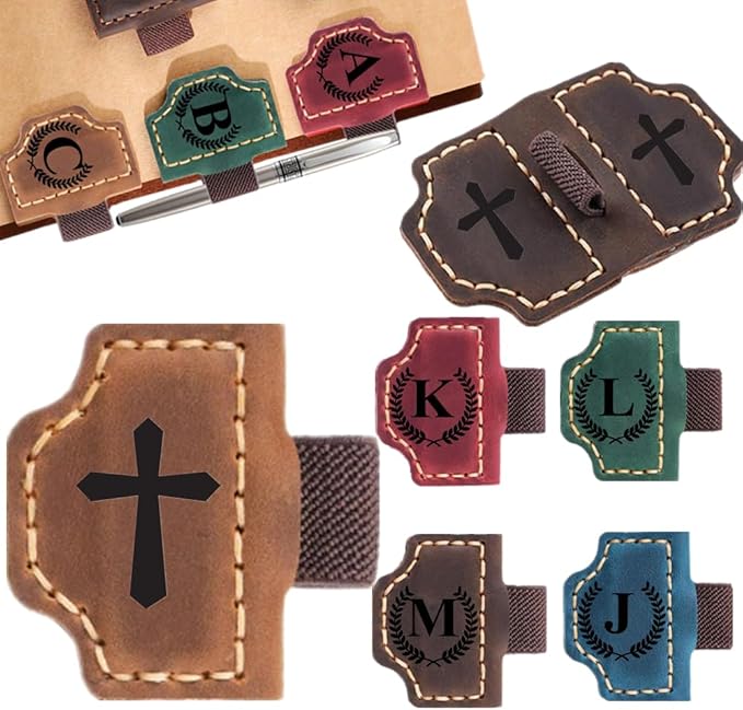 Custom Bookmark with Pen Holder with 26 Letters Personalized Magnetic Leather Book Mark, Customized Name Book Marker Clip with Initial for Men Women, Gifts for Book Lovers, Readers (Brown, Cross-1)