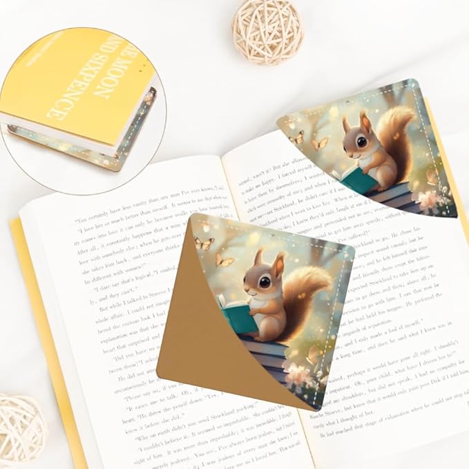 2PCS Leather Bookmarks 3.54 x 3.54 Inch Spring Squirrel Reading with Blossoms Design Reading Accessories for Books Journals Bibles Travel Diary Students Teachers and Book Lovers Gift