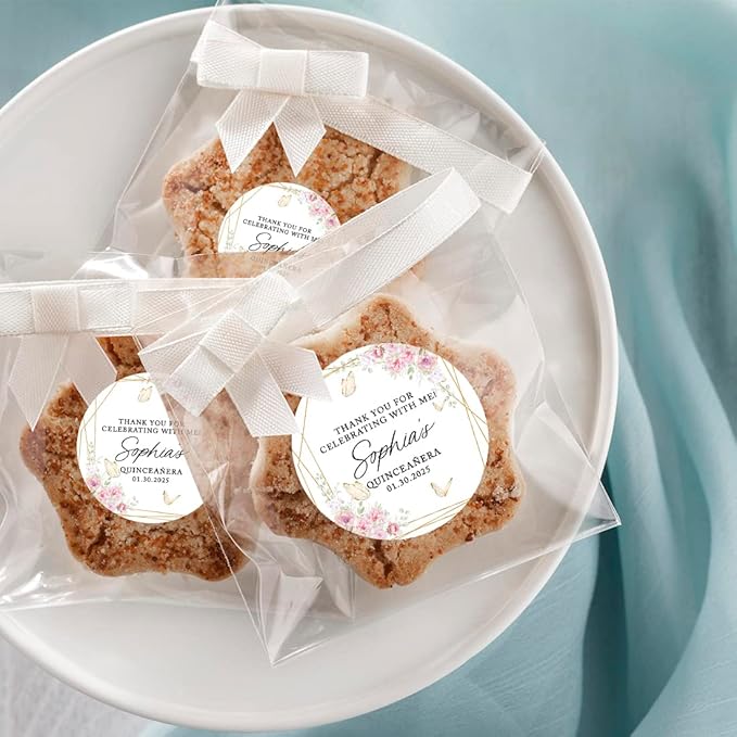 Andaz Press 40-Pack Personalized 2" Round Circle Quinceañera Labels Butterflies & Florals Custom Thank You for Celebrating with Me Sticker Labels for Quince 15th Birthday Favors, Decorations
