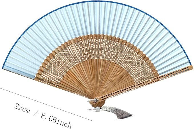 Hand Fan for Vintage Japanese Bamboo Silk Elegant for Dance Music Festival Wedding Church Decoration Party (Blue, Medium)
