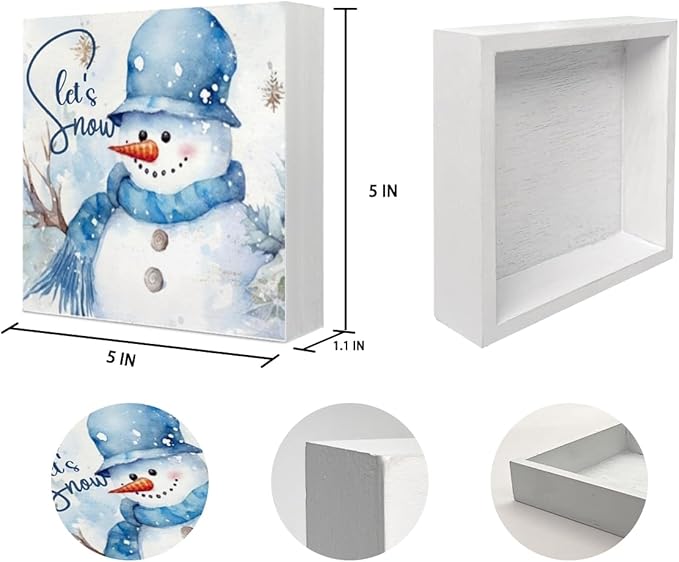 Mtrgdn Merry Christmas Sign, Winter Snowman Table Wood Box Sign,Winter Holiday Xmas Decoration Wood Box Signs Blocks for Home Bedroom Kitchen Shelf Desk Indoor Decor 5x5 Inch