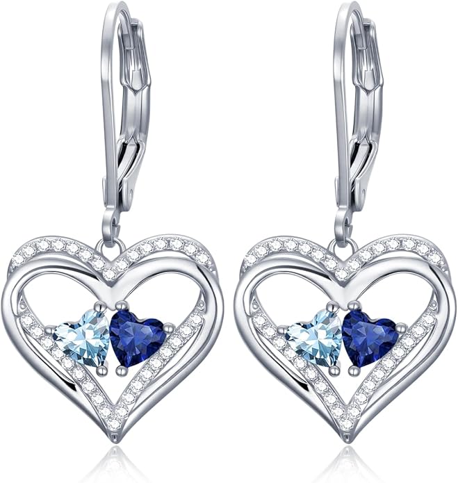 Heart Leverback Earrings Double Birthstone Dangle Earrings for Women, Love Jewelry for Her, Christmas Gifts for Women, Anniversary Birthday Gift for Mom Wife Girlfriend