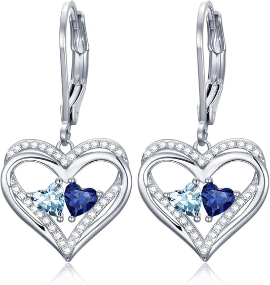 Heart Leverback Earrings Double Birthstone Dangle Earrings for Women, Love Jewelry for Her, Christmas Gifts for Women, Anniversary Birthday Gift for Mom Wife Girlfriend