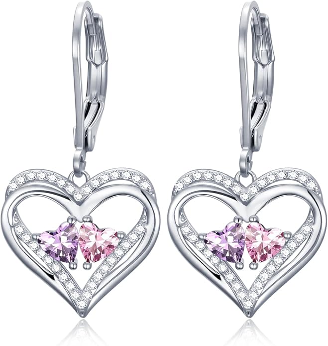 Heart Leverback Earrings Double Birthstone Dangle Earrings for Women, Love Jewelry for Her, Christmas Gifts for Women, Anniversary Birthday Gift for Mom Wife Girlfriend