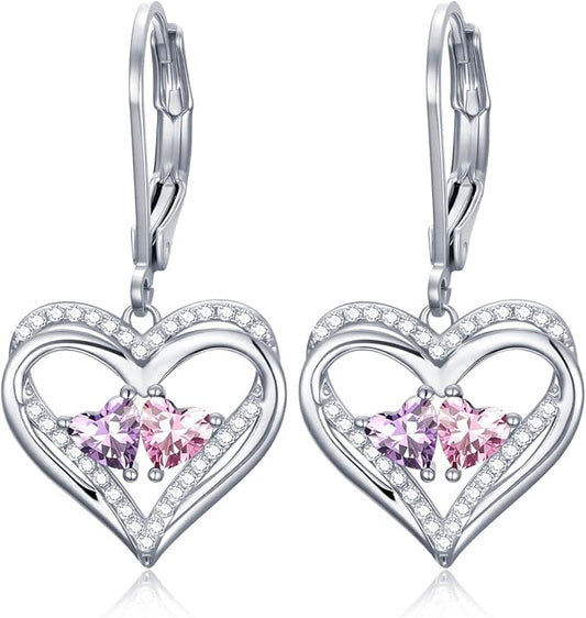 Heart Leverback Earrings Double Birthstone Dangle Earrings for Women, Love Jewelry for Her, Christmas Gifts for Women, Anniversary Birthday Gift for Mom Wife Girlfriend