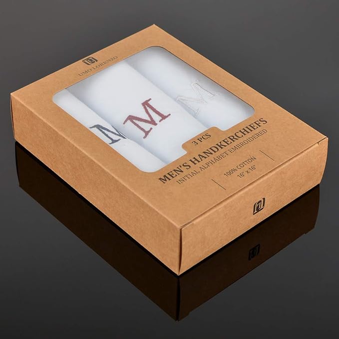 Initial Handkerchief for Men, Monogrammed Boxed 3 Piece Set,100% Cotton