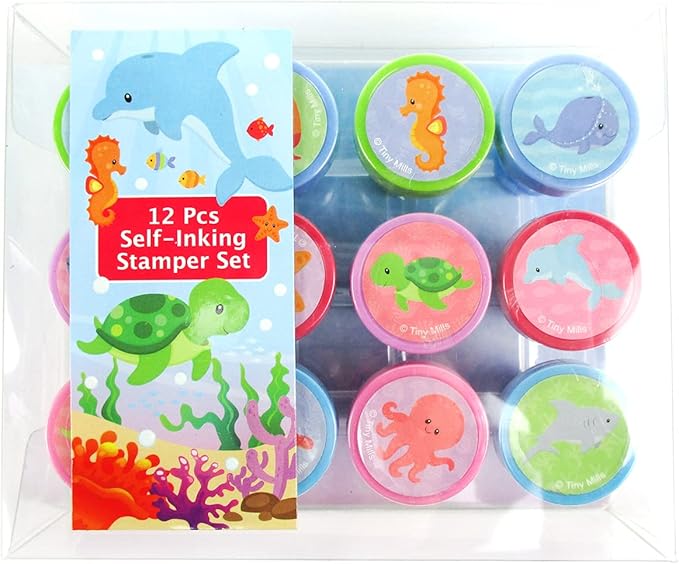 TINYMILLS 12 Pcs Ocean Life Turtle Stamp Kit for Kids Self Inking Stamps Gift Party Favors