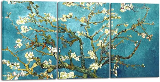 Wieco Art Giclee Canvas Prints Wall Art for Wall Decor by Van Gogh Paintings Almond Blossom Modern 3 Piece Stretched and Framed Abstract Flowers Artwork Home Office Decorations