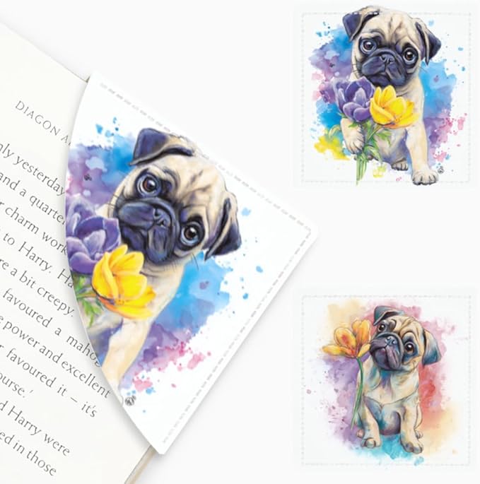 2PCS Leather Bookmarks 3.54 x 3.54 Inch Cute Pug Dog with Flowers Design Reading Accessories for Books Journals Bibles Travel Diary Students Teachers and Book Lovers Gift