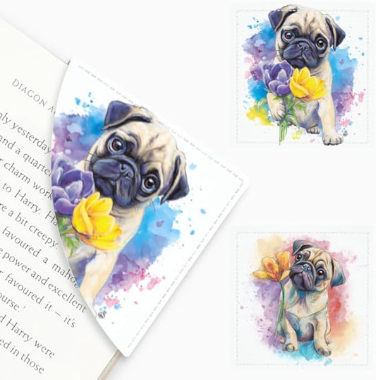 2PCS Leather Bookmarks 3.54 x 3.54 Inch Cute Pug Dog with Flowers Design Reading Accessories for Books Journals Bibles Travel Diary Students Teachers and Book Lovers Gift