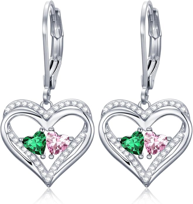 Heart Leverback Earrings Double Birthstone Dangle Earrings for Women, Love Jewelry for Her, Christmas Gifts for Women, Anniversary Birthday Gift for Mom Wife Girlfriend