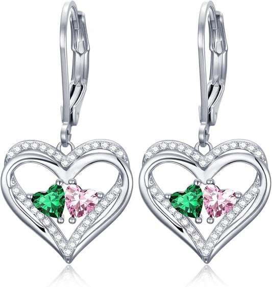 Heart Leverback Earrings Double Birthstone Dangle Earrings for Women, Love Jewelry for Her, Christmas Gifts for Women, Anniversary Birthday Gift for Mom Wife Girlfriend
