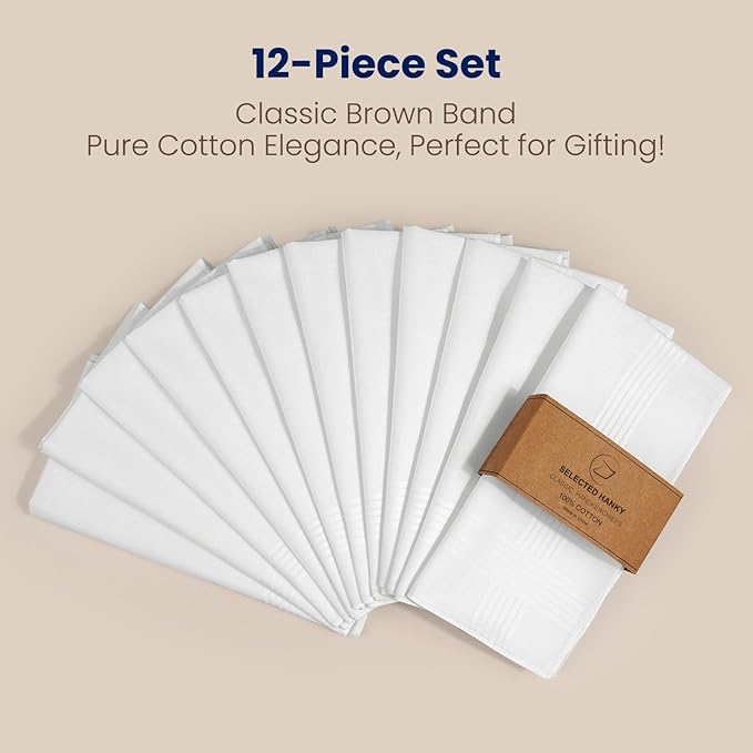 Selected Hanky Men's Handkerchiefs,100% Soft Cotton,White Classic Hankie Pack of 12