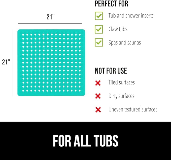 GORILLA GRIP Patented Square Shower Stall Mat, Small Bathtub Floor Mats for Stand Up Showers, Suction Cups and Drain Holes, Machine Wash, Soft on Feet, Bathroom Accessories 21x21 Inch Turquoise Opaque