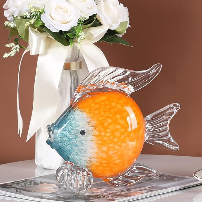 QIANLING Glass Fish Figurines - Coastal Home Decor, Modern Ocean Centerpieces for Living Room, Dining Area, Bathroom, Office, Coffee Table, Beach House, Nautical, Seaside, Entrance, Shelf Display