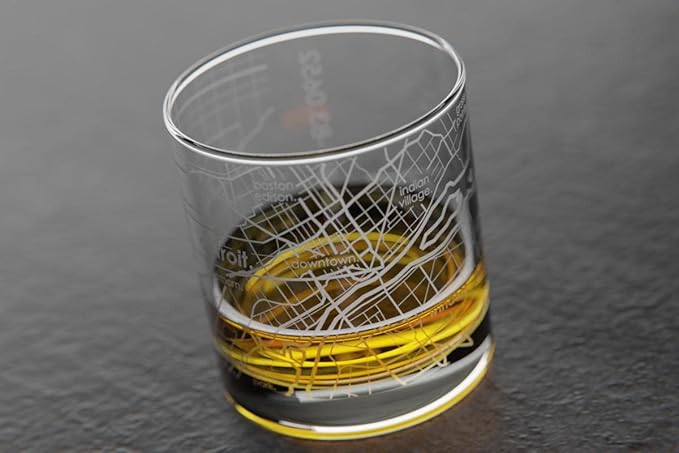 Well Told Engraved Detroit Michigan Map Rocks Glass, Old Fashioned Whiskey Glass (11 oz, Clear) Etched Whiskey Glass, Gifts For Whiskey Lovers