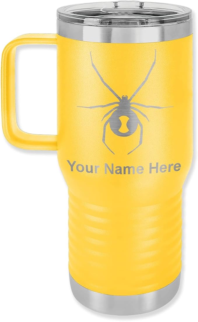 LaserGram 20oz Vacuum Insulated Travel Mug with Handle Widow Spider, Personalized Engraving Included (Yellow)