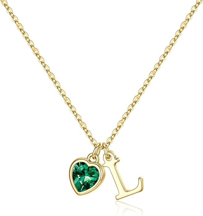 Turandoss Valentines Day Gifts for Her Trendy, Dainty 14K Gold Plated Initial A-Z Heart Birthstone Pendant Necklace Personalized Bridesmaid Birthday Valentines Jewelry Gifts for Women Girls