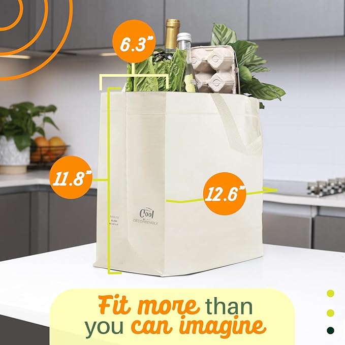 Simply Cool 200 Pack Reusable Eco-Friendly Grocery Shopping Bags 12.6"x6.3"x11.8" Durable, Recyclable, Washable, Foldable, Portable Tote Bags Bulk (Cream)