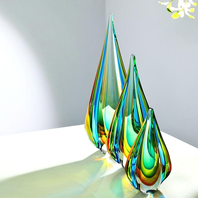 Luxury Lane Hand Blown Green Flame Teardrop Sommerso Art Glass Sculpture for Home Decor 10 inch Tall Centerpiece Table Decoration