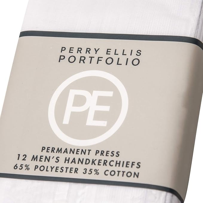 Perry Ellis 12 Pack Handkerchief (Permanent Press White with Satin Cord, 16" x 16")