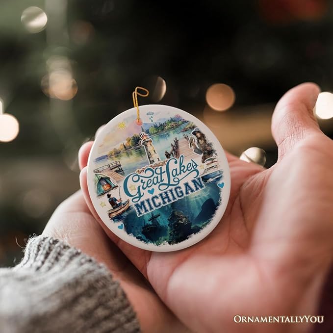 Artistic Great Lakes Michigan State Ornament, Ceramic Landscapes and Travel Souvenir and Gift (Version 1)