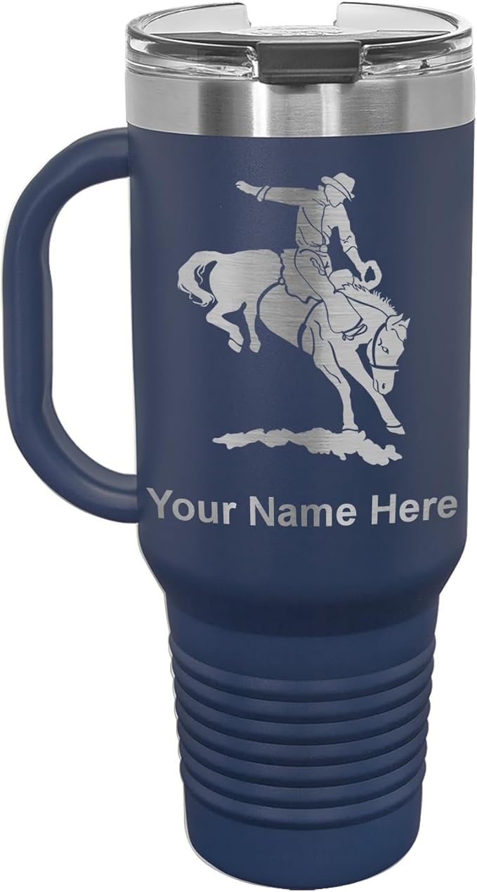 LaserGram 40oz Vacuum Insulated Travel Mug with Handle, Bronco Rider, Personalized Engraving Included (Navy Blue)