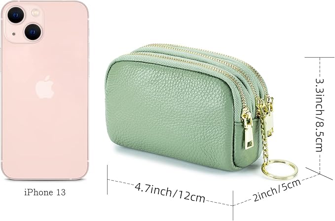 LINNO 3 Zippered Genuine Leather Coin Purse Triple Capacity Change Pouch Little Travel Wallet With Key Ring for Women