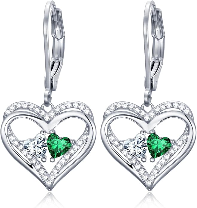 Heart Leverback Earrings Double Birthstone Dangle Earrings for Women, Love Jewelry for Her, Christmas Gifts for Women, Anniversary Birthday Gift for Mom Wife Girlfriend