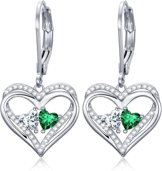 Heart Leverback Earrings Double Birthstone Dangle Earrings for Women, Love Jewelry for Her, Christmas Gifts for Women, Anniversary Birthday Gift for Mom Wife Girlfriend