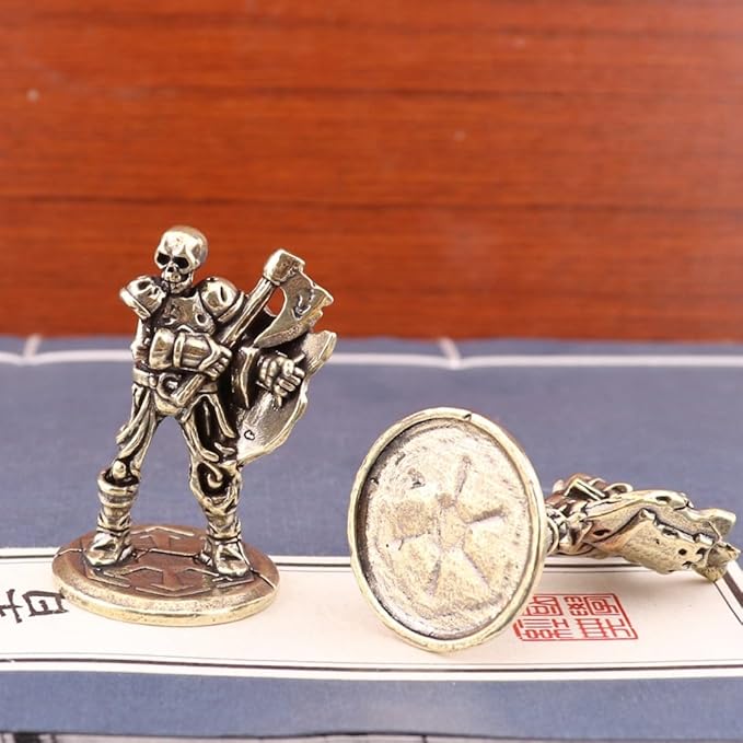 Brass Animals Figurine Decorative,Metal Statue,2.16Inch Pure Brass Vintage Skeleton Warrior Figurines,Set of 2-Halloween Desktop Decorations,Gothic Collectible Ornaments with Axe & Shield