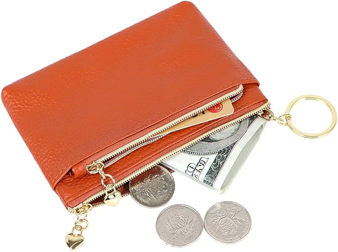 Women's Genuine Leather Coin Purse Zipper Pocket Size Pouch Change Wallet, Brown