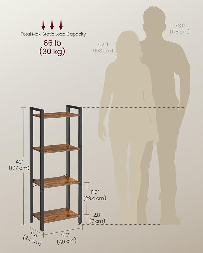 VASAGLE 4-Tier Bookshelf, Bookcase with Steel Frame, Book Shelf for Living Room, Home Office, Study, 9.4 x 15.7 x 42 Inches, Industrial Style, Rustic Brown and Ink Black ULLS099B01