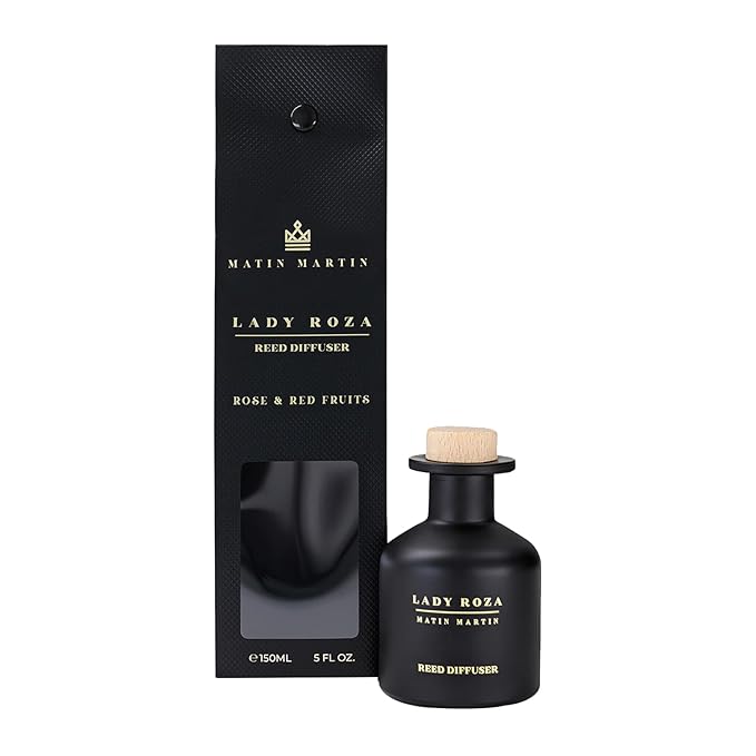 Matin Martin Lady Roza Reed Diffuser 5 oz - Luxury Aromatherapy with Rose & Red Fruits - Home Decor Gift for Bedroom, Office, Living Room, Bathroom - Long Lasting Scent with Premium Fragrance Sticks