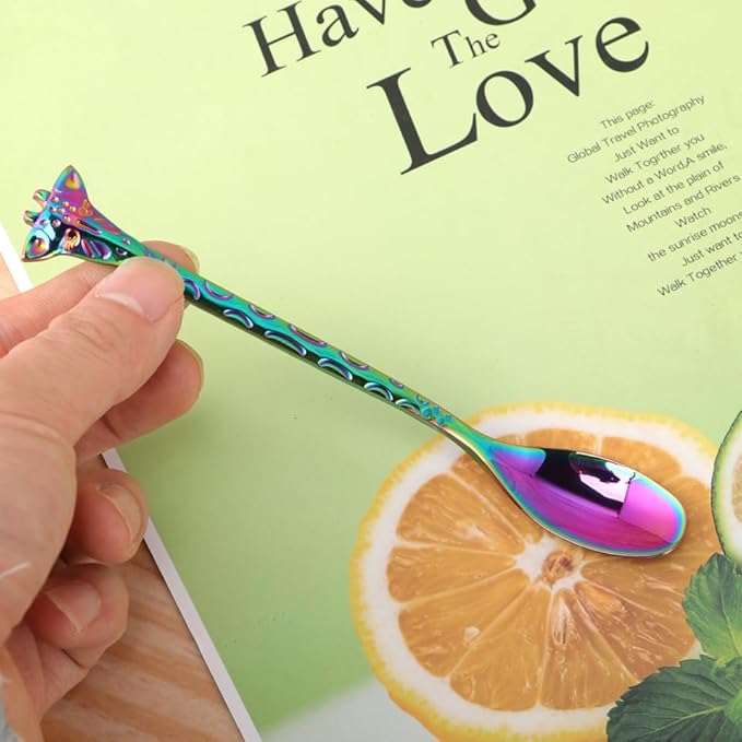 Colorful Titanium-plated Stainless Metal Animal Shape Mini Stirring Spoon Cartoon Tiny Dessert Spoon with Long Handle Rust-resistant Kitchen Tableware for Coffee and Tea