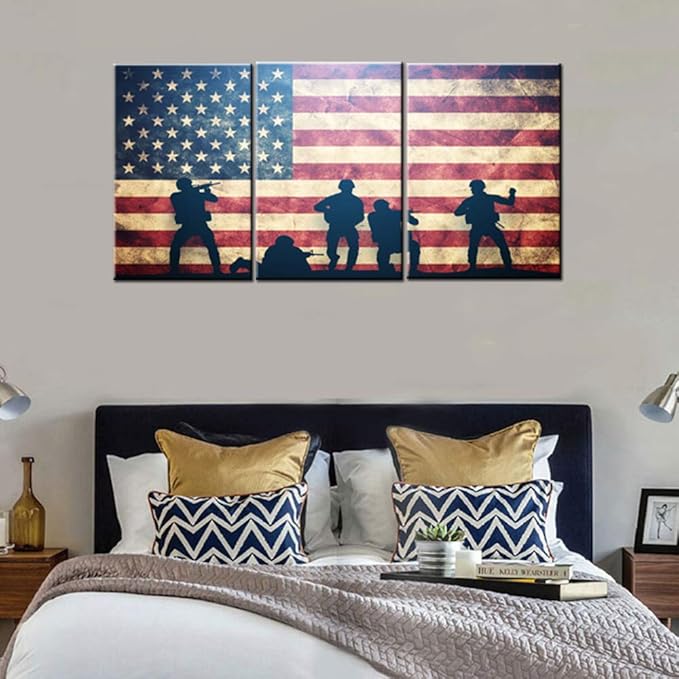 Native American Flag Pictures Soldier Silhouette Paintings Patriotic Wall Art Red Artwork 3 Piece Prints on Canvas Living Room House Decorations Framed Gallery-Wrapped Ready to Hang(42''Wx20''H)