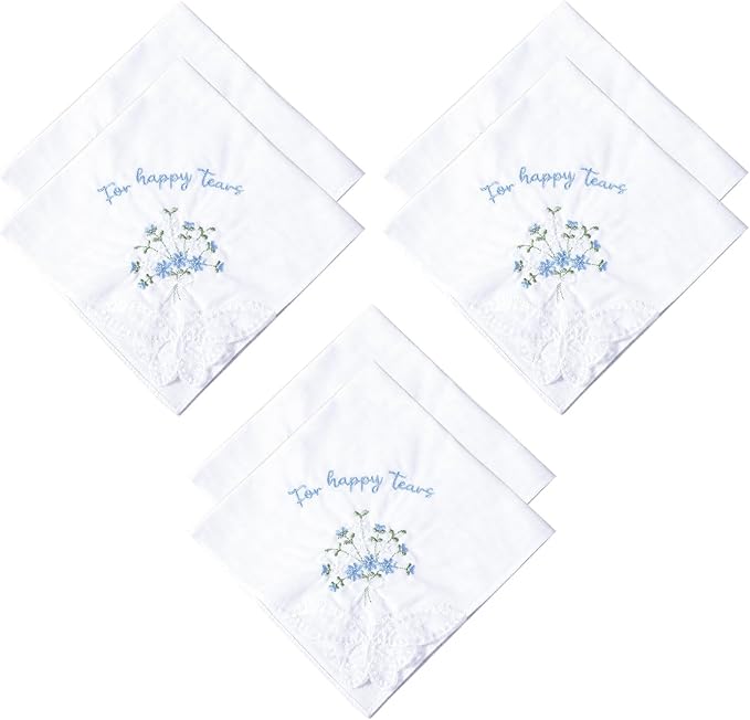 For Happy Tears Handkerchief, 6 Pcs Embroidered Wedding Handkerchief Cotton Hankies for Bride, Groom, Bridesmaid, Mother of the Bride, White & Blue, 12" x 12"