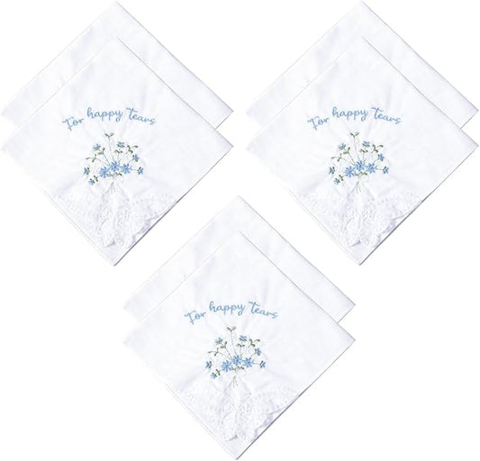 For Happy Tears Handkerchief, 6 Pcs Embroidered Wedding Handkerchief Cotton Hankies for Bride, Groom, Bridesmaid, Mother of the Bride, White & Blue, 12" x 12"