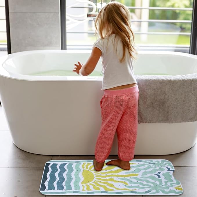 Non Slip Bathtub Mat for Kids Extra Long Anti Slip Bath Mat for Tub Abstract Art Sun Bath Shower Mat with Large Drain Holes and Suction Cups Quality Tropical Palm Tree Design Bathroom Decor 40x16in