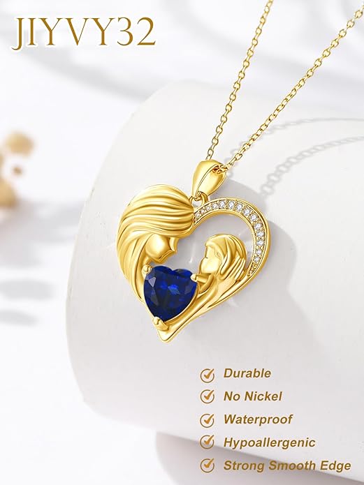 Mother and Daughter/Son Love Heart Necklace White Gold/14K Gold/Rose Gold Birthstone Jewelry Christmas Mothers Day Birthday Gifts For Mom Wife Grandma Women