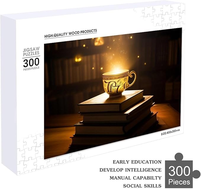 Wooden Puzzle - Hot Tea On A Book Rounded Corner Jigsaw Puzzles，Wooden Puzzles for Adults 300 Pieces Challenge Puzzles，Educational Games，Family Puzzles，Unique Gifts for Wall Art