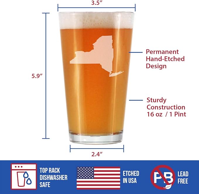 Bevvee New York State Outline Pint Glass for Beer - State Themed Drinking Decor and Gifts for New Yorker Women & Men - 16 Oz Glasses