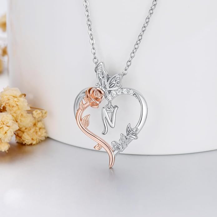 TOUPOP Rose Heart Necklaces Gifts for Women 925 Sterling Silver Butterfly Heart Initial Necklace Anniversary Valentines Day Birthday Jewelry Gifts for Mom Her Wife Girlfriend Daughter