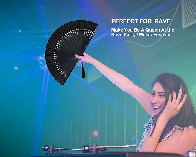 Hand Held Fan for Women Foldable, Chinese Japanese Vintage Bamboo Silk Folding Fans Hand Fan for Dance Music Festival Wedding Church Decoration (Sexy Black - Solid)