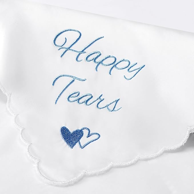 Wedding Handkerchief Something Blue for Bride, Mother Father of the Brides Groom Gifts, Embroidered Happy Tears Cotton Hanky