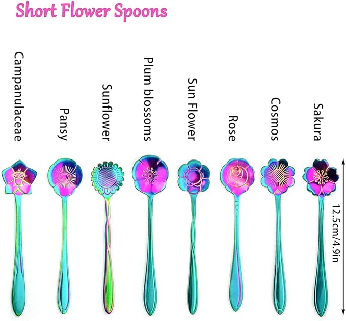 8 Pieces Rainbow Flower Spoon Coffee Teaspoon Set, Stainless Steel Reusable Cute Tea Spoon for Drink Mixing Milkshake Jam, 8 Different Patterns