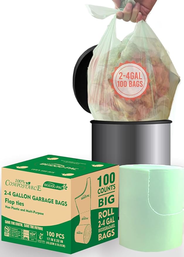BEIDOU-PAC 3 Gallon Flap Tie Compostable Trash Bags, 100 Count Small Compost Bags, Biodegradable Kitchen Garbage Bags, Food Scrap Waste Bags for Countertop Bin, ASTM D6400, US BPI Certified